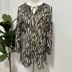 Chico's Women's Animal Print Silk Blend Beaded Sheer Tunic Size 1 Medium Brown